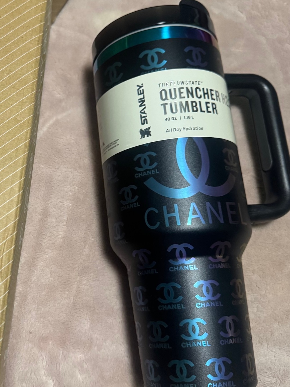 CHANEL Black Travel Tumbler with Iridescent Blue-Purple Logo